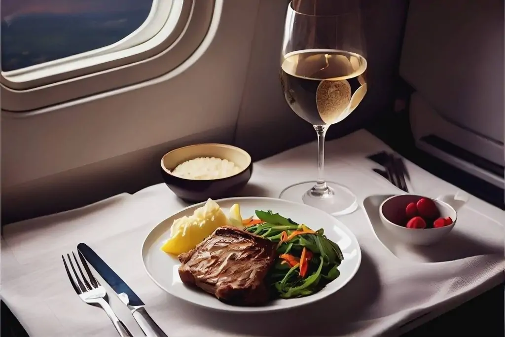 Airline catering service meals on-board an aircraft include succulent well-done steak, vibrant strawberries, Apple Juice
