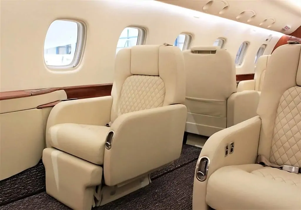 the Image let you "Step inside the lavish world of Sky N Jet Legacy 600 private jet cabin, with its plush seating, panoramic windows, and high-tech entertainment systems