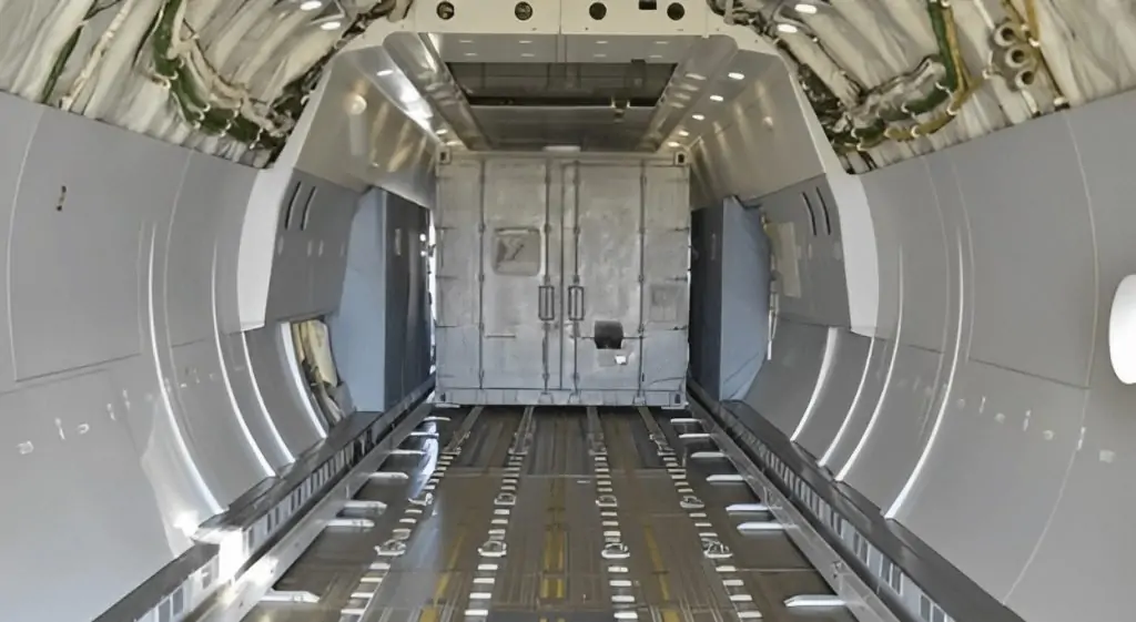 In this stunning image, we get a glimpse inside the Antonov An-178 cargo plane and witness its impressive capacity for transporting large and heavy cargo. The aircraft is shown with a 1c container securely loaded inside,