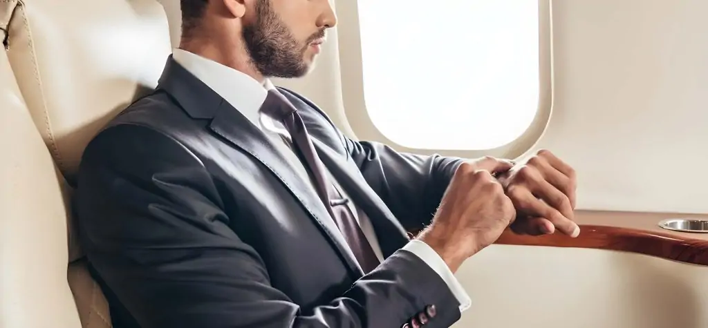 a businessman glances at his watch, orchestrating his schedule with precision as the world passes by outside the Jet window